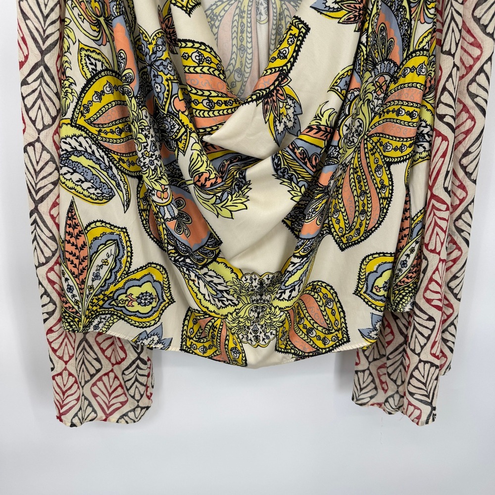 Free People Mixed Print Cowl Neck Blouse Womens Medium Red Cream Hippie Boho - Picture 4 of 13